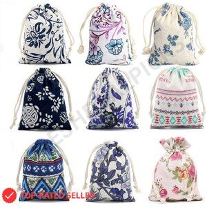 Burlap Drawstring Gift Bags Elegant Floral Geometry Print Reusable Storage Pouch